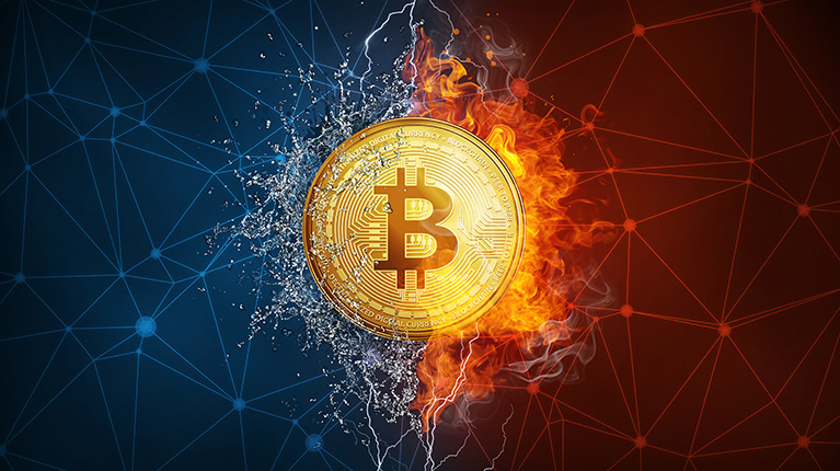 Golden bitcoin coin in fire flame, water splashes and lightning. Bitcoin Gold blockchain hard fork concept. Cryptocurrency symbol in storm illustration with peer to peer network background.