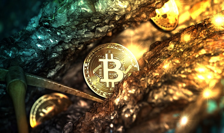 Golden bitcoin mining in deep golden cave with Pickaxe and some coin. - 3d illustration.