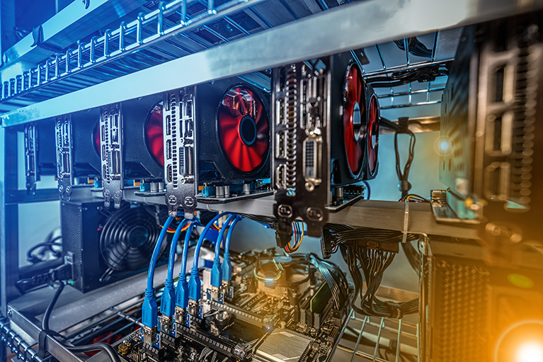 Farm for mining crypto currency on video cards close-up