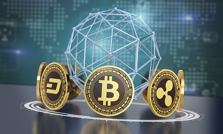 crypto currencies arranged in a circle with a wireframe sphere and a world map on background (3d render)