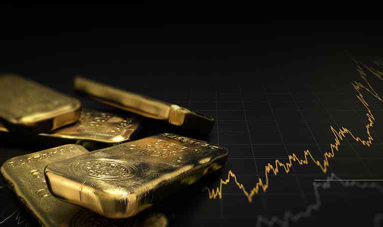 3D illustration of gold ingots over black background with a chart. Financial concept, horizontal image.
