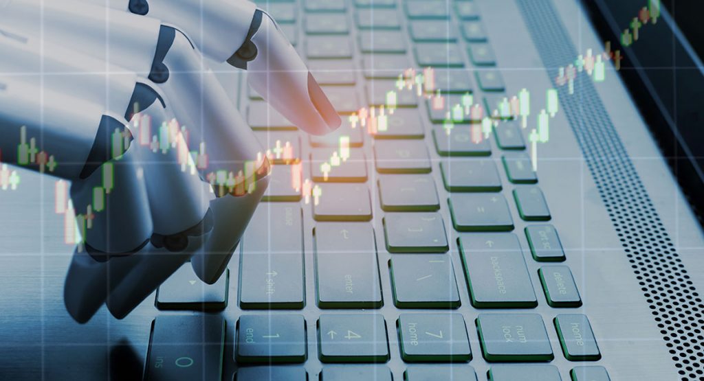 Robot business concept market analysis graph,robot hand pressing computer keyboard enter